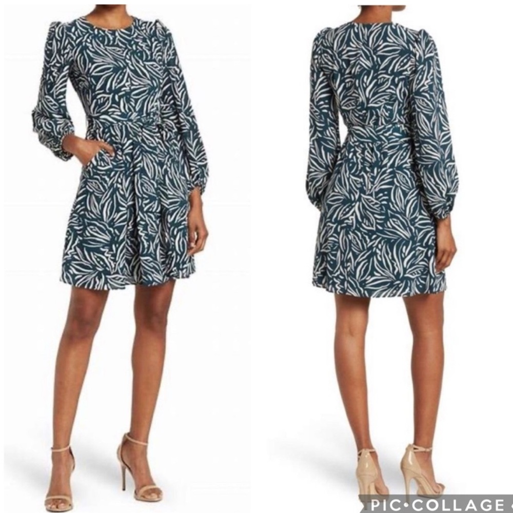 Eliza J Navy Leaf Print Long Sleeve Dress Size 8